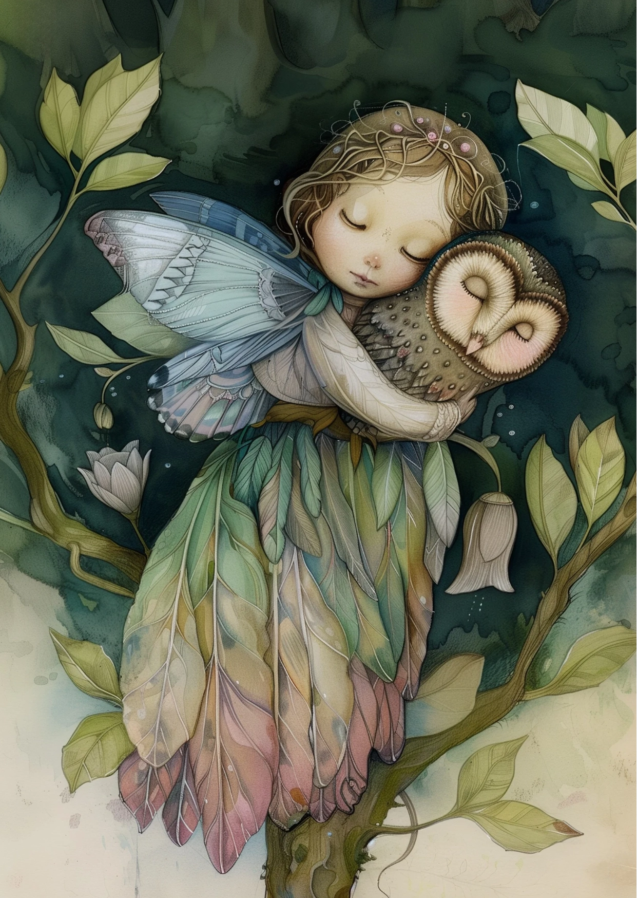 Birds & fairies: elf with owl A6 card