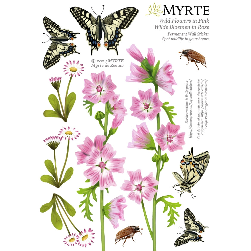 Wall sticker with wild flowers in pink